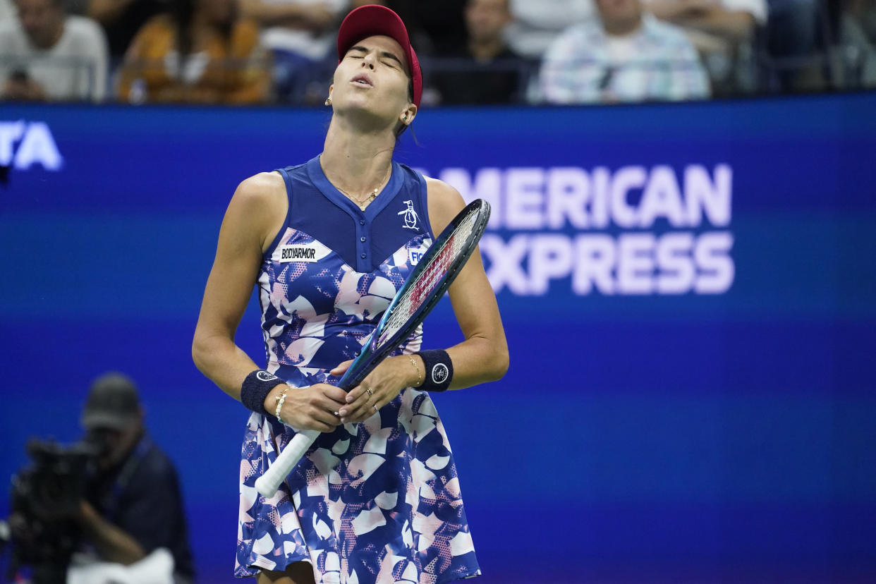 Ajla Tomljanovic, of Australia, reacts during a match against to Serena Williams, of the United States, during the third round of the U.S. Open tennis championships, Friday, Sept. 2, 2022, in New York. (AP Photo/John Minchillo)