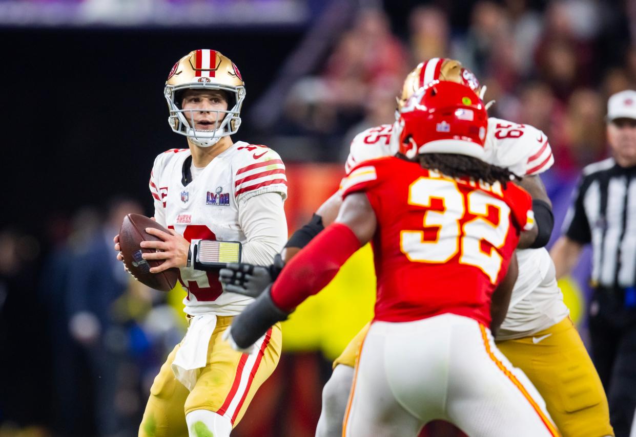 San Francisco 49ers quarterback Brock Purdy (13) against the Kansas City Chiefs in Super Bowl LVIII at Allegiant Stadium.