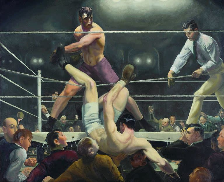 La célebre pintura de George Belows, un lienzo al óleo, realizado en 1924 que colorea la escena cumbre de este match entre Firpo y Dempsey