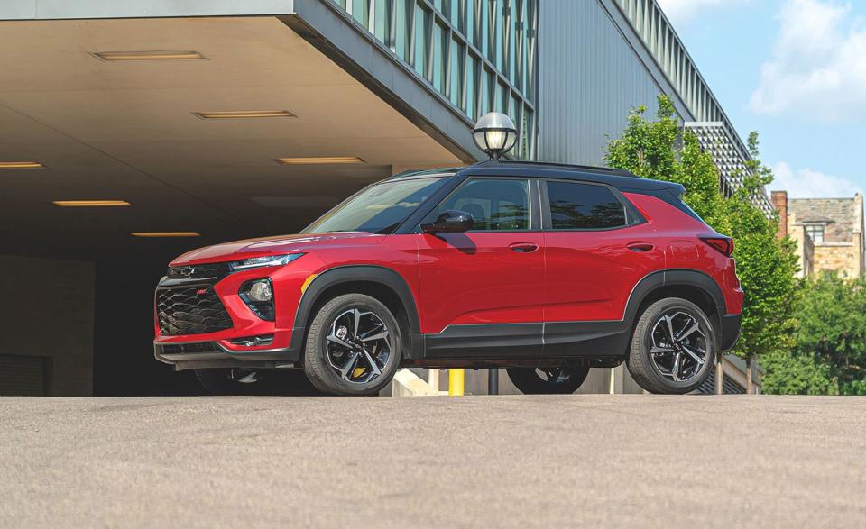 <p>The <a href="https://www.caranddriver.com/chevrolet/trailblazer" rel="nofollow noopener" target="_blank" data-ylk="slk:Trailblazer;elm:context_link;itc:0;sec:content-canvas" class="link ">Trailblazer</a> sits step above the subcompact Chevrolet Trax. It has five extra cubic feet of interior space, a lower starting price, and can accommodate longer items thanks to fold-flat seats. Like the Trax, the Trailblazer's front-passenger seat can also fold forward. There's 54 cubic feet of space with the rear seats folded, which is more than every vehicle on this list except the Kia Soul, Kia Seltos, and Honda HR-V.</p><ul><li>Base price: $20,195</li><li>Carry-on capacity, rear seats folded: 19 suitcases</li><li>Cargo volume, rear seats folded: 54 cubic feet<br></li><li>Cargo volume, behind rearmost row of seats: 25 cubic feet<br></li></ul><p><a class="link " href="https://www.caranddriver.com/chevrolet/trailblazer/specs" rel="nofollow noopener" target="_blank" data-ylk="slk:MORE TRAILBLAZER SPECS;elm:context_link;itc:0;sec:content-canvas">MORE TRAILBLAZER SPECS</a></p>