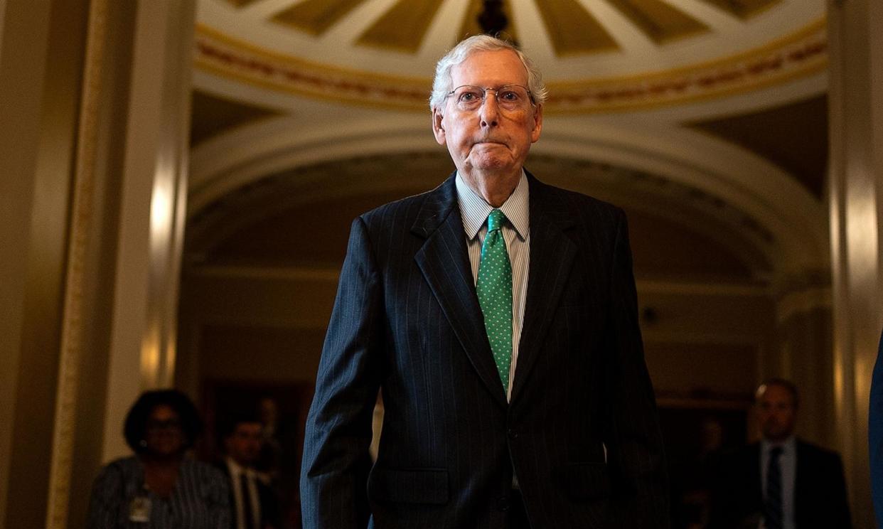 PHOTO: Senate Minority Leader Mitch McConnell departs a news conference following weekly party policy luncheons at the Capitol, on July 30, 2024, in Washington, D.C. (Kent Nishimura/Getty Images)