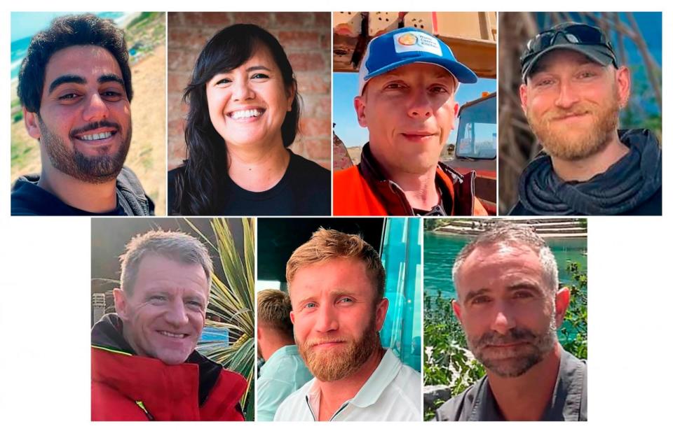 PHOTO: Photos provided by World Central Kitchen shows Saifeddin Issam Ayad Abutaha, Lalzawmi Frankcom, Damian Sobal, Jacob Flickinger, John Chapman, James Henderson, and James Kirby, the seven aid workers who were killed in Gaza, April 2, 2024 (World Central Kitchen/AP)