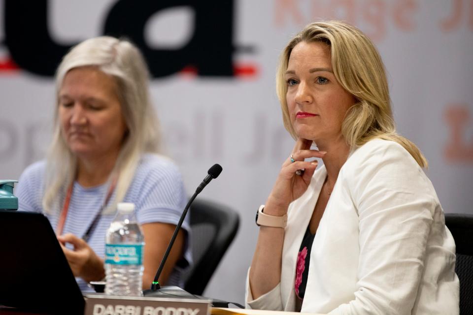 Darbi Boddy, Lakota School Board member, looks on during a Lakota School Board work session at Lakota Plains Junior School in Liberty Township on Thursday, May 26, 2022.