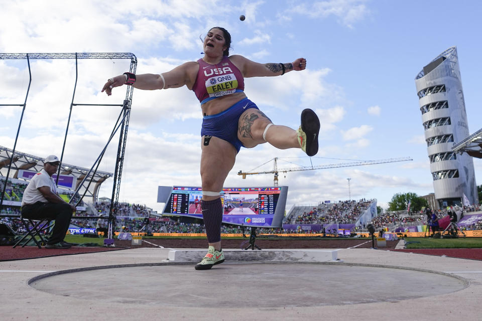 Chase Ealey, of the United States, competes during the women's shot put final at the World Athletics Championships on Saturday, July 16, 2022, in Eugene, Ore. (AP Photo/David J. Phillip)