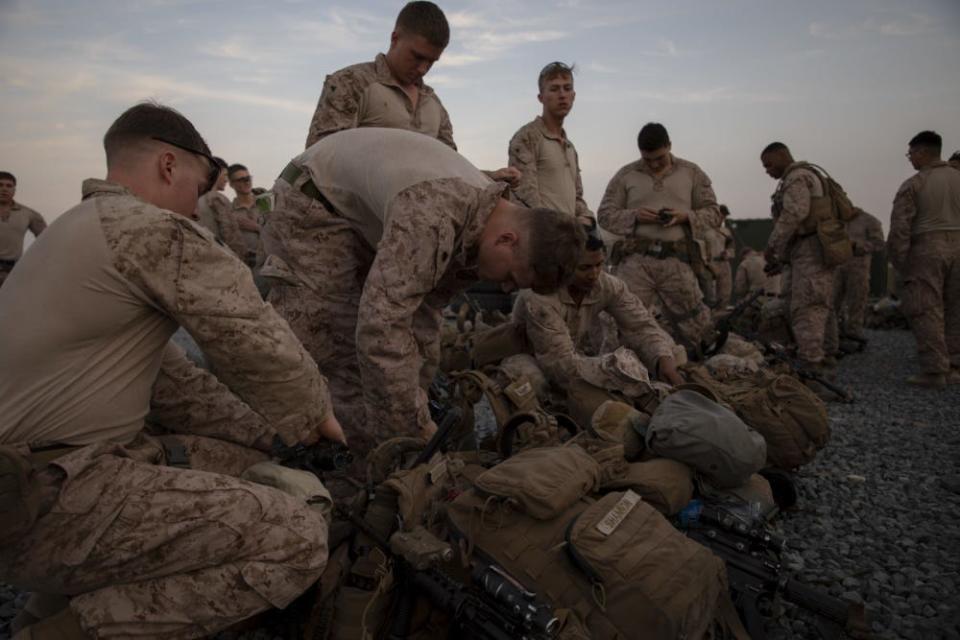 U.S. Marines assigned to Special Purpose Marine Air-Ground Task Force-Crisis Response-Central Command (SPMAFTF-CR-CC) 19.2, prepare to deploy from Kuwait in support of a crisis response mission, Dec. 31, 2019.