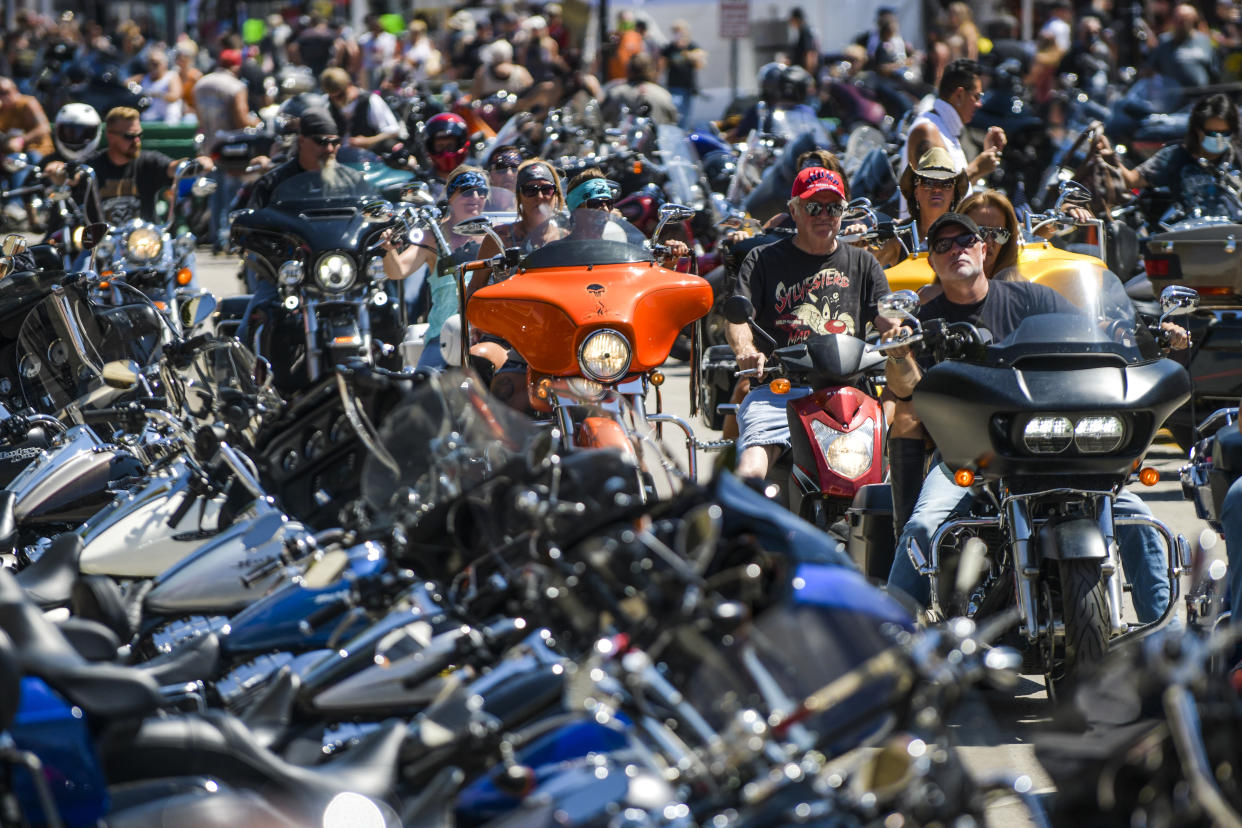 Motorcyclists ride down Main Street during the 80th Annual Sturgis Motorcycle Rally on August 7, 2020 in Sturgis, South Dakota. (Michael Ciaglo/Getty Images)