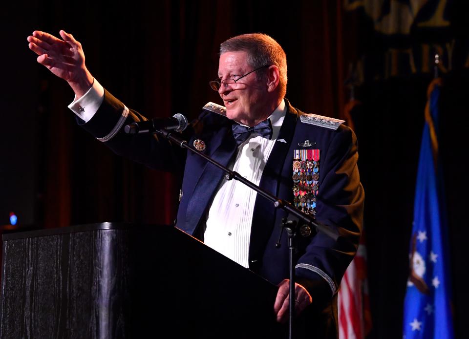 Gen. Robin Rand, the Commander, Air Force Global Strike Command and Commander, Air Forces Strategic - Air, U.S. Strategic Command, delivers the keynote address during the Abilene Chamber of Commerce’s Military Affairs Committee annual gala August 26.