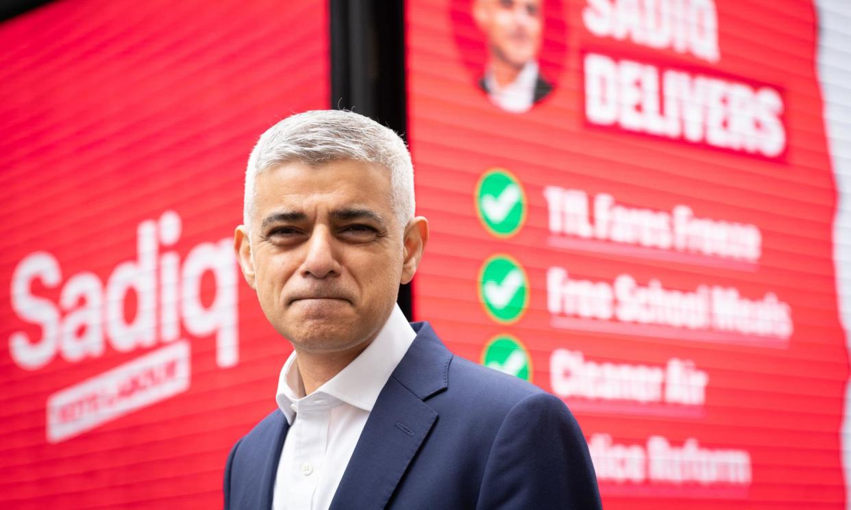 <span>Sadiq Khan at the launch of a poster campaign for the London mayoral election in central London on Monday.</span><span>Photograph: Stefan Rousseau/PA</span>