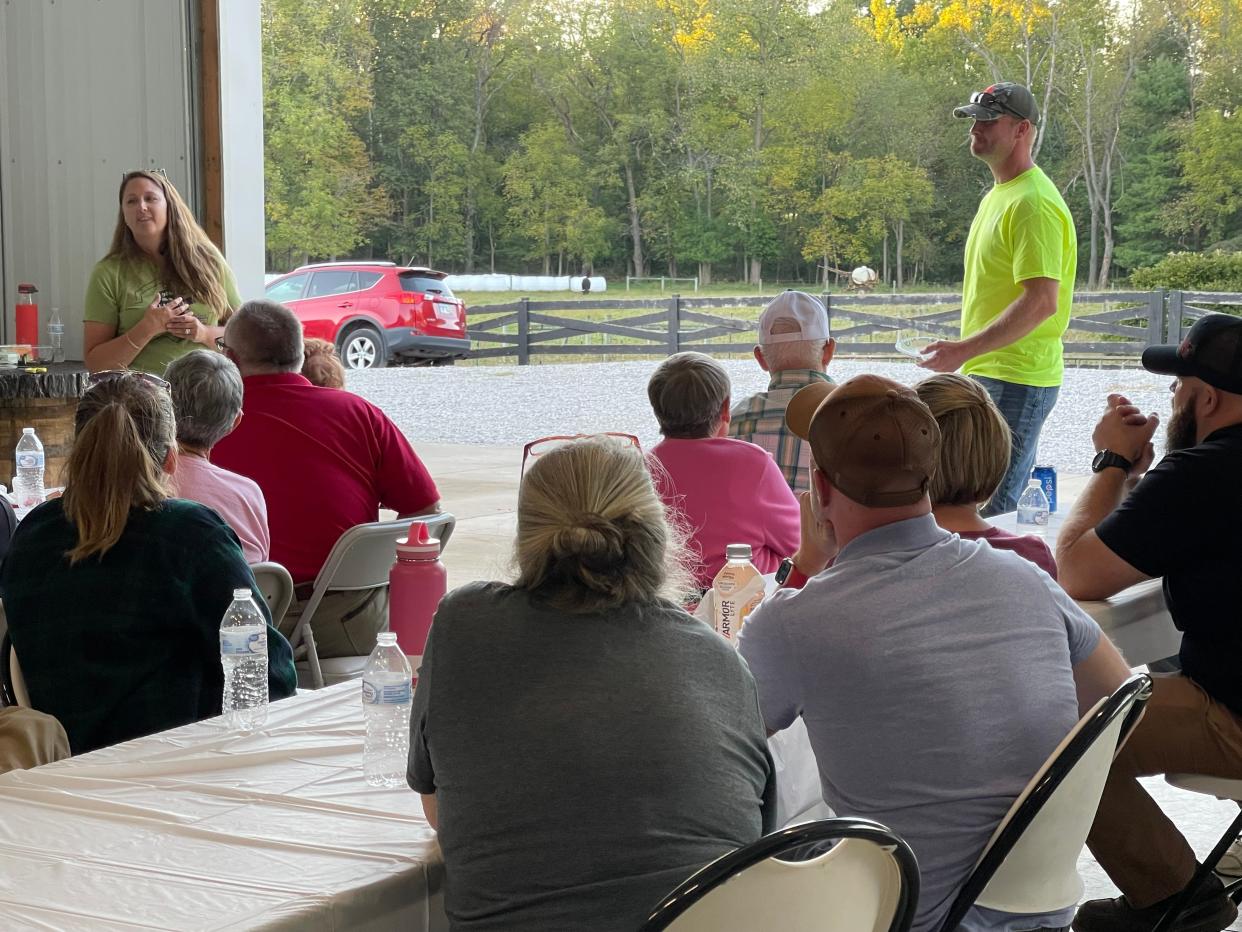 Lyndsay, left, and Josh Welch hosed a Conservation Chat on grazing at their farm in 2012. At the event at their farm this year, participants will enjoy a pasture walk with the Welches and learn more about their heritage livestock operation.