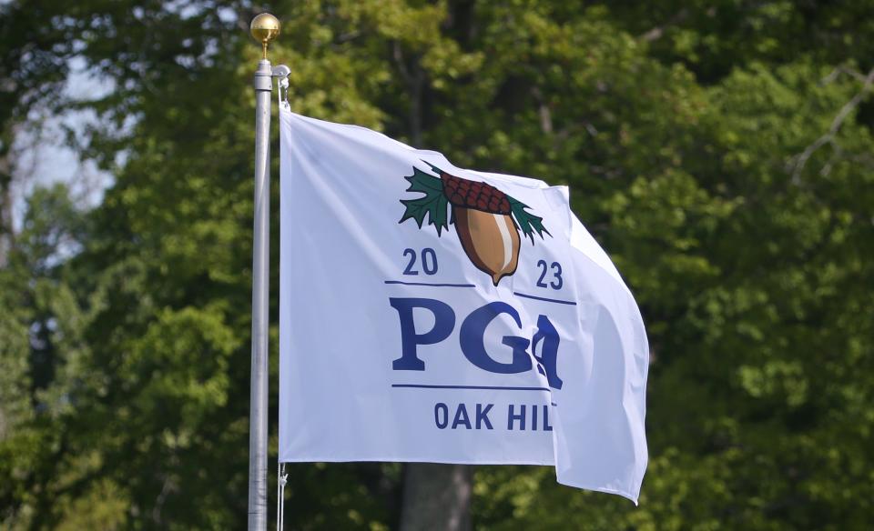A very light breeze kept the flags moving a bit during a practice round at the PGA Championship at Oak Hill Country Club Monday, May 15, 2023. 