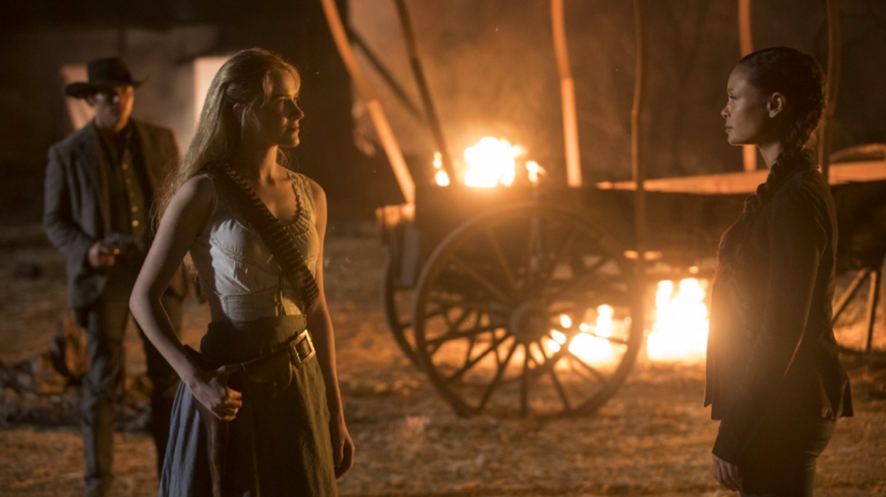 Evan Rachel Wood plays Dolores and Thandie Newton plays Maeve in 'Westworld'. (PHOTO: HBO)