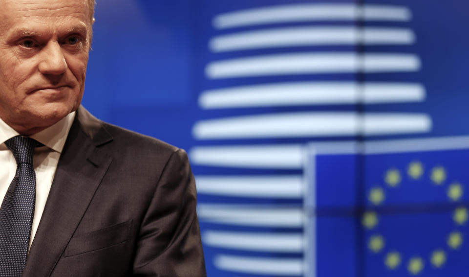 European Council President Donald Tusk speaks during a media conference on Brexit at the Europa building in Brussels, Wednesday, March 20, 2019. Despite British Prime Minister Theresa May asking for a Brexit extension deadline until June 30, the European Commission maintains that any deadline should not shoot by the May 23 start of the European elections. (AP Photo/Frank Augstein)