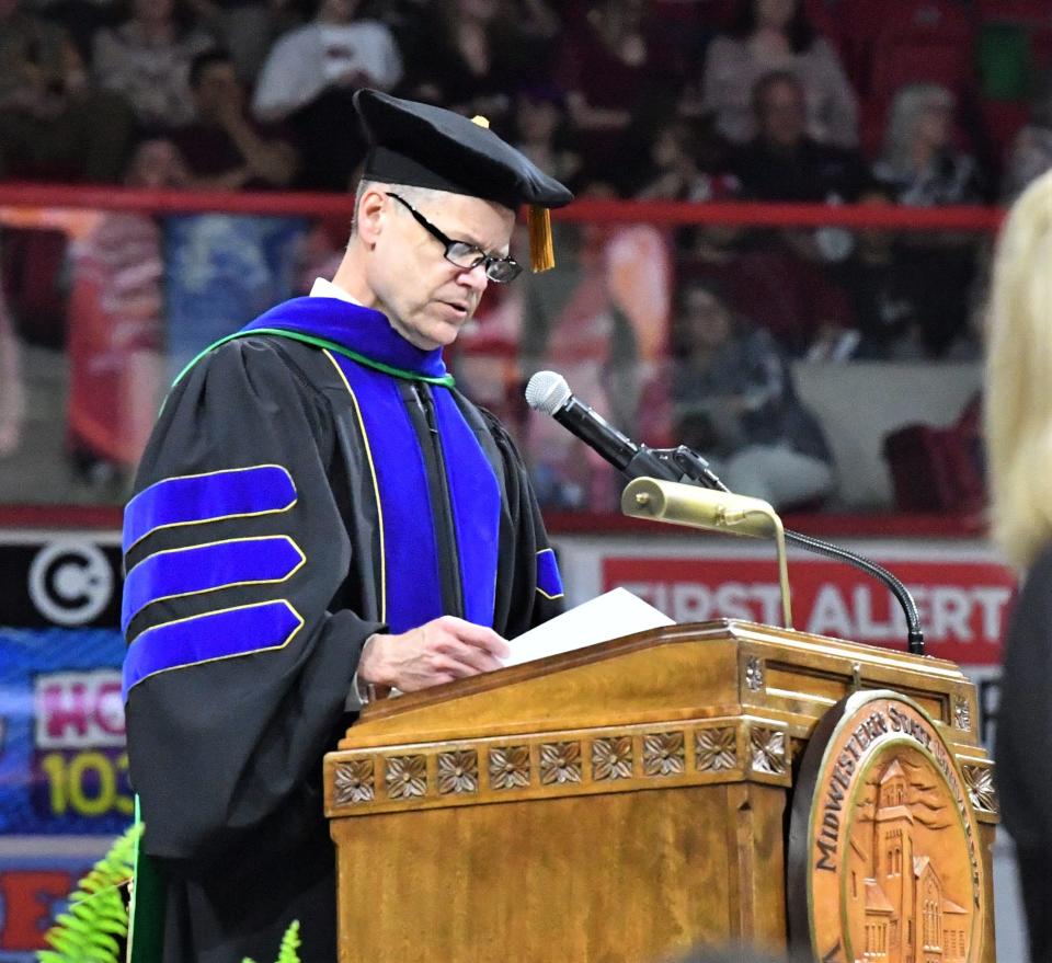 MSU Interim University President Dr. Keith Lamb gives a speech during Midwestern State University's Commencement at Kay Yeager Coliseum on Saturday, May 13, 2023.