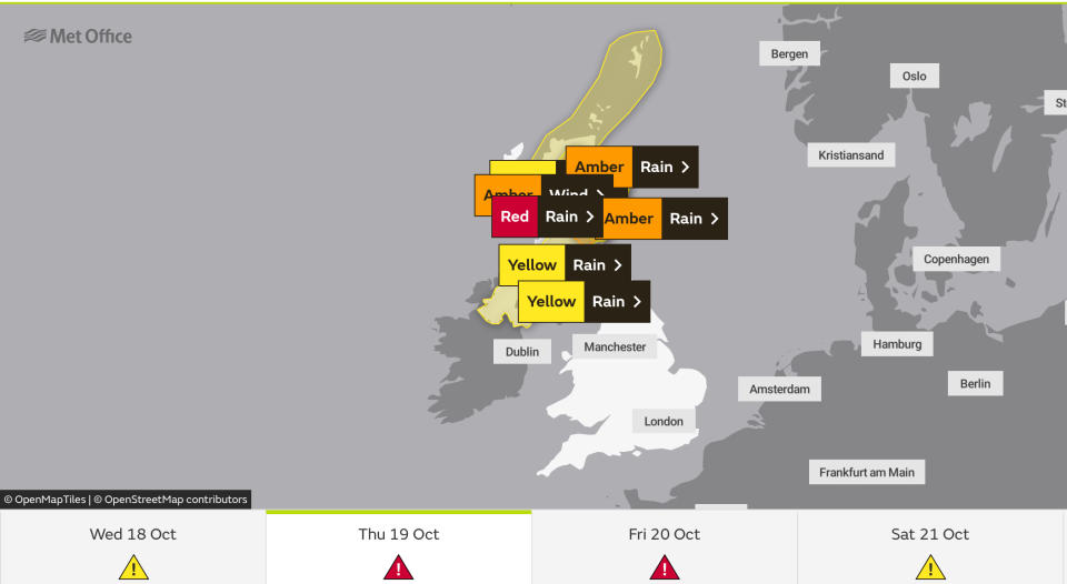 The Met Office has issued red weather warnings as Britain braces for Storm Babet. (Met Office)