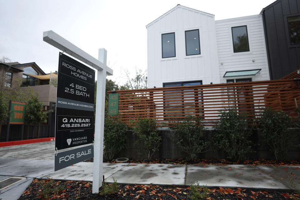 SAN ANSELMO, CALIFORNIA - MARCH 22: A for sale sign is posted in front of a home on March 22, 2023 in San Anselmo, California. Pre-existing home sale prices in the U.S. dropped for the first time in 11 years. The national average price of an existing-home fell 0.2% in February to $363,000. (Photo by Justin Sullivan/Getty Images)