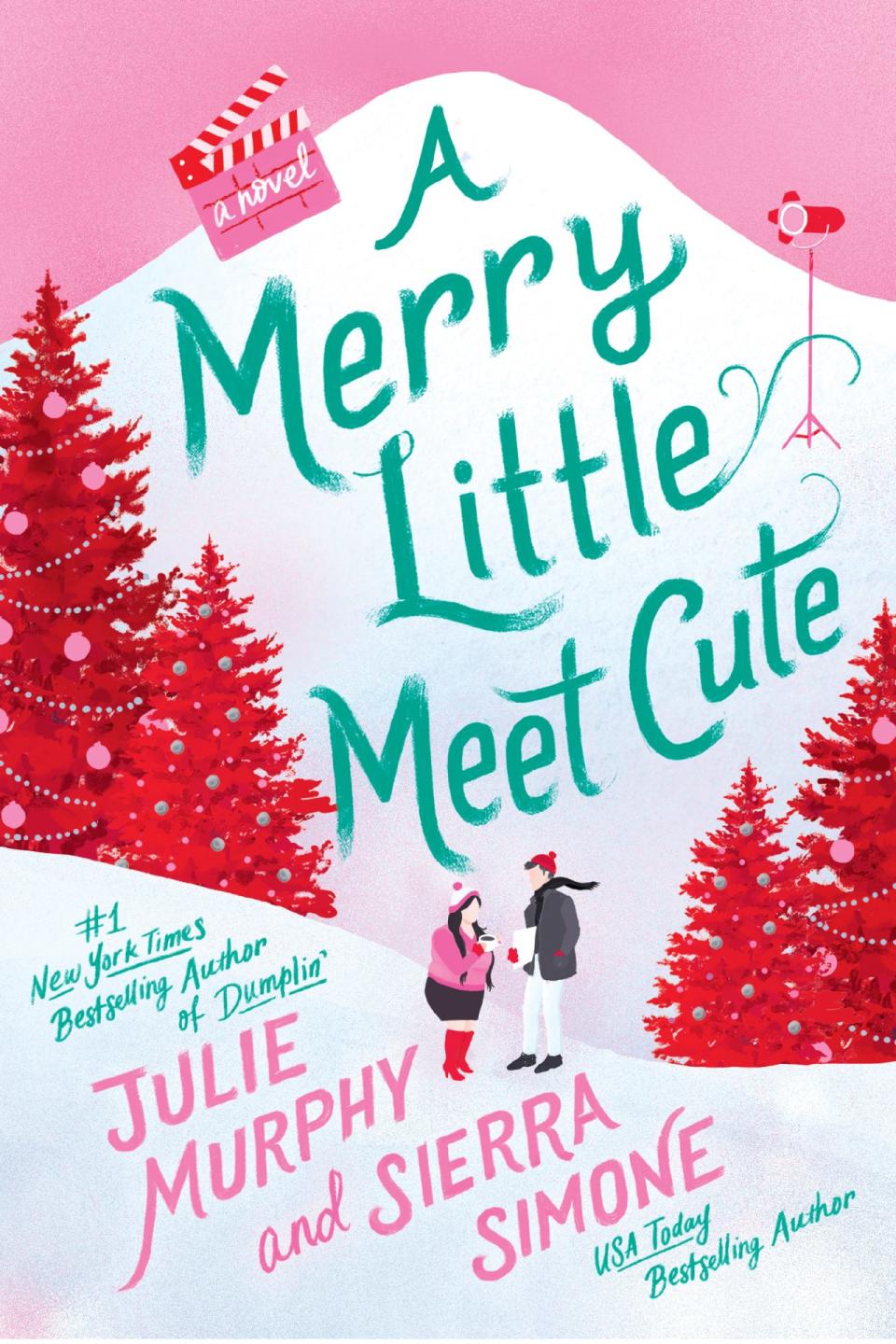 The cover for Merry Little Meet Cute shows a painted picture of two people standing on pink and red snowy hills