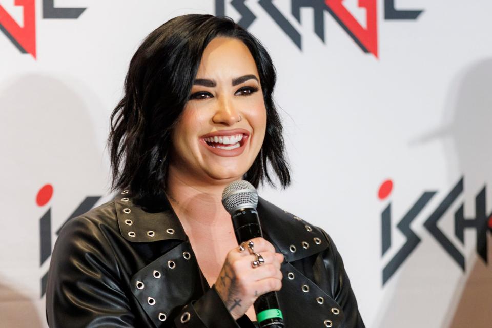 Demi Lovato talks to the media during a press conference on November 25, 2023 in Ischgl, Austria.
