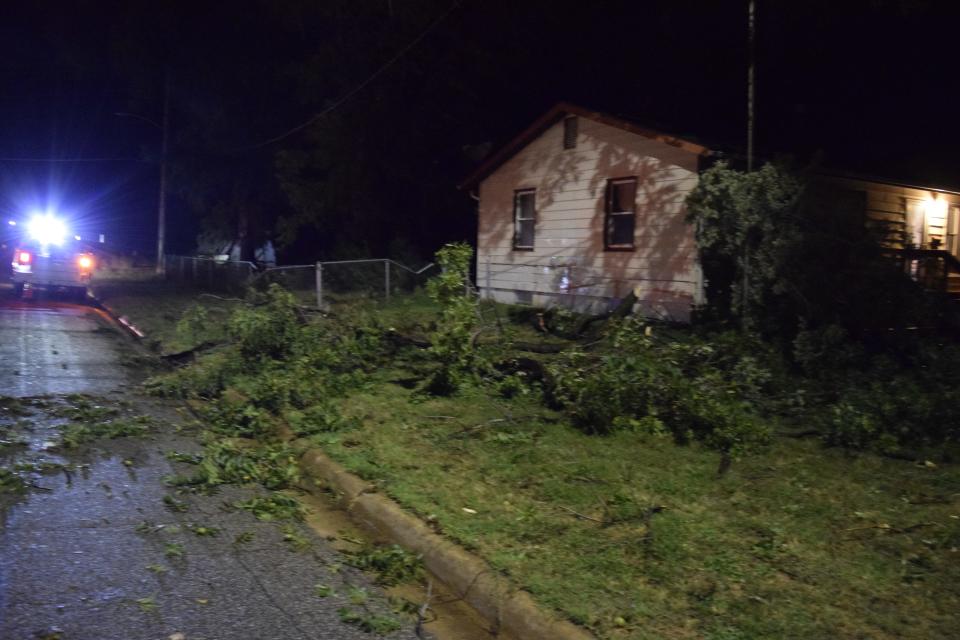 Tree limbs and branches, like the one near Cloud Street and Sycamore Street in Salina, were down all over the area after a wind storm came through northern Kansas. The National Weather Service in Wichita said there were reports of 95 mph wind gusts in Salina.