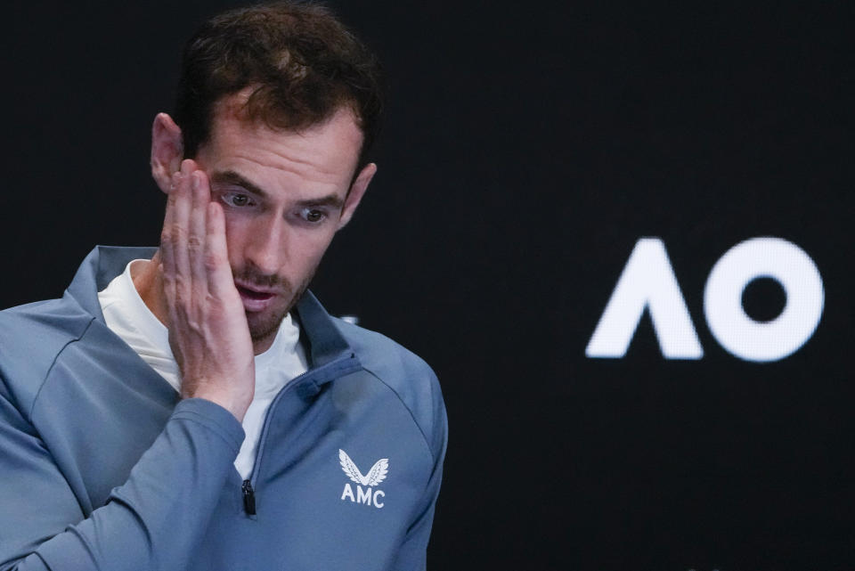 Andy Murray of Britain reacts during a press conference following his third loss to Roberto Bautista Agut of Spain at the Australian Open tennis championship in Melbourne, Australia, Saturday, Jan. 21, 2023. (AP Photo/Ng Han Guan)