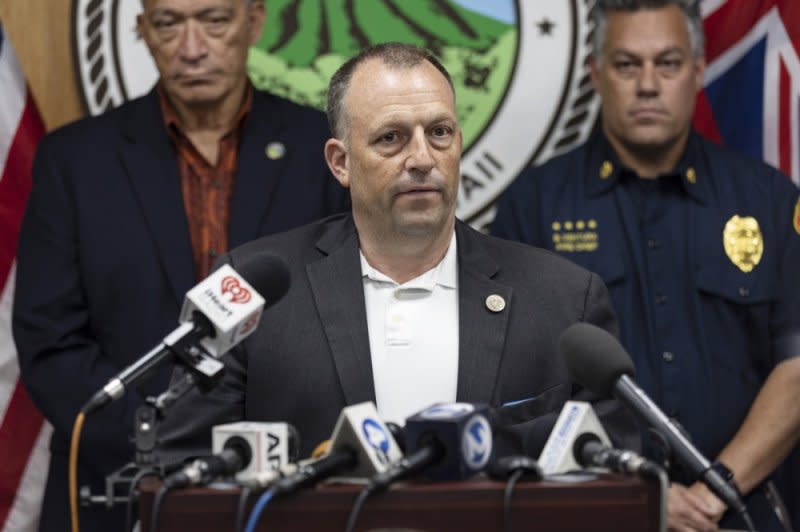 Hawaii Gov. Josh Green delivers a speech during a press conference at Maui County Building in Kahului, Hawaii, on Monday. The death toll in the Hawaii wildfires has reached 99. Photo by Etienne Laurent/EPA-EFE