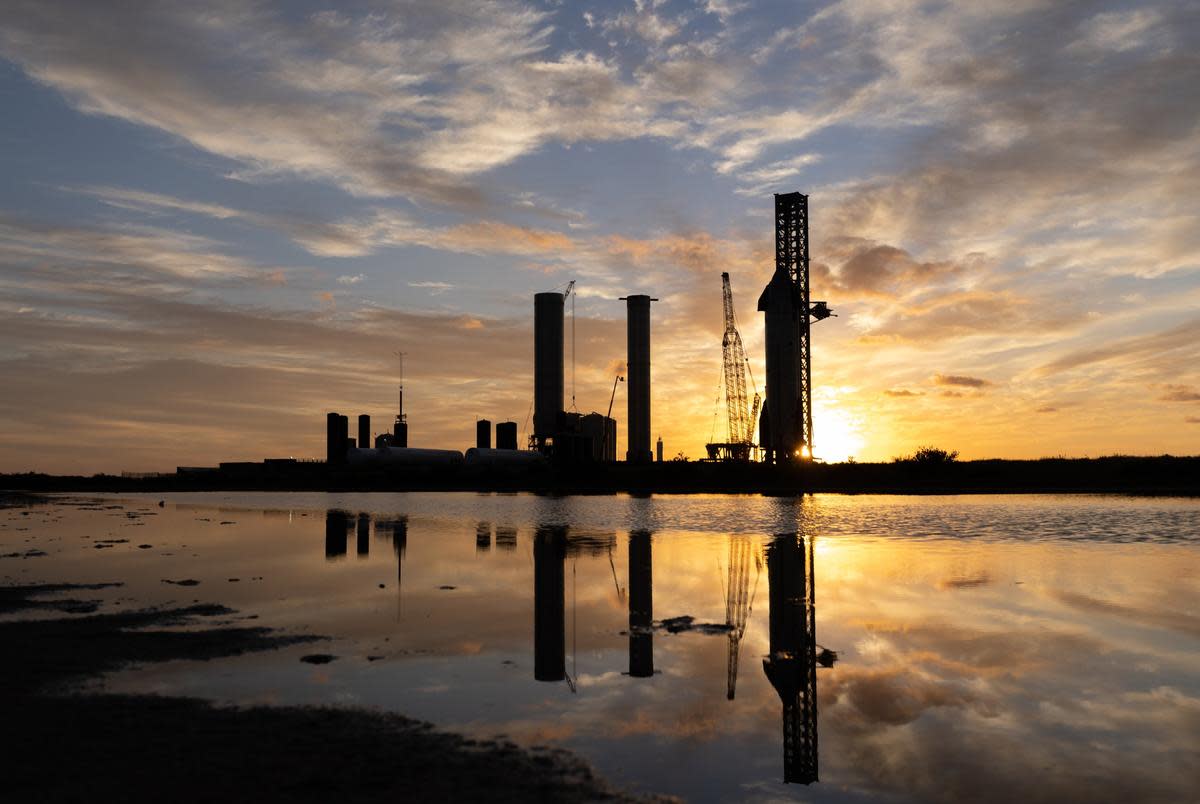 SpaceX rockets at the launch pad at the Brownsville facility on Oct. 20, 2021. On Oct. 22, Elon Musk said via Twitter the Starship rocket would be ready for an orbital launch by next month.