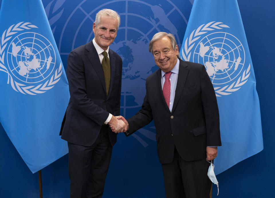 Jonas Gahr Store, Prime Minister of Norway, meets with United Nations Secretary-General Antonio Guterres at U.N. headquarters, Tuesday, Sept. 20, 2022. (AP Photo/Craig Ruttle, Pool)