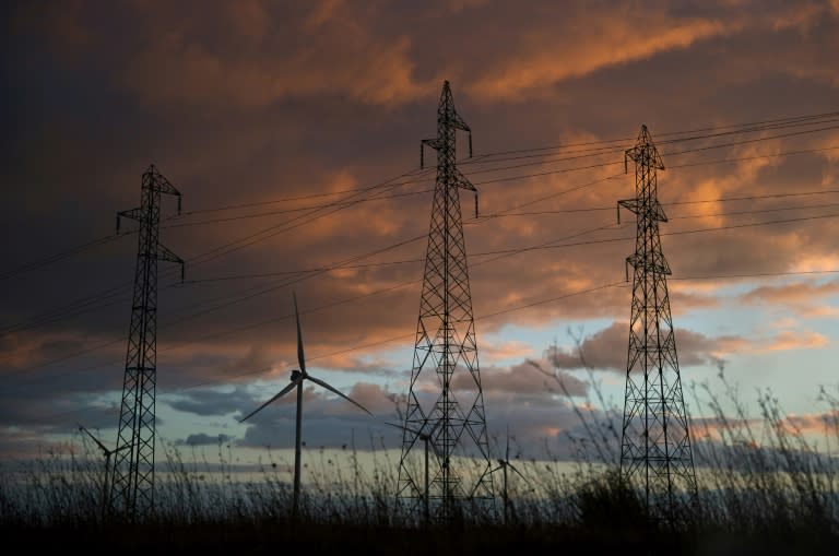 Des turbines éoliennes et des pylônes électriques près d'Allonnes, dans le centre de la France, le 31 janvier 2022 (GUILLAUME SOUVANT)