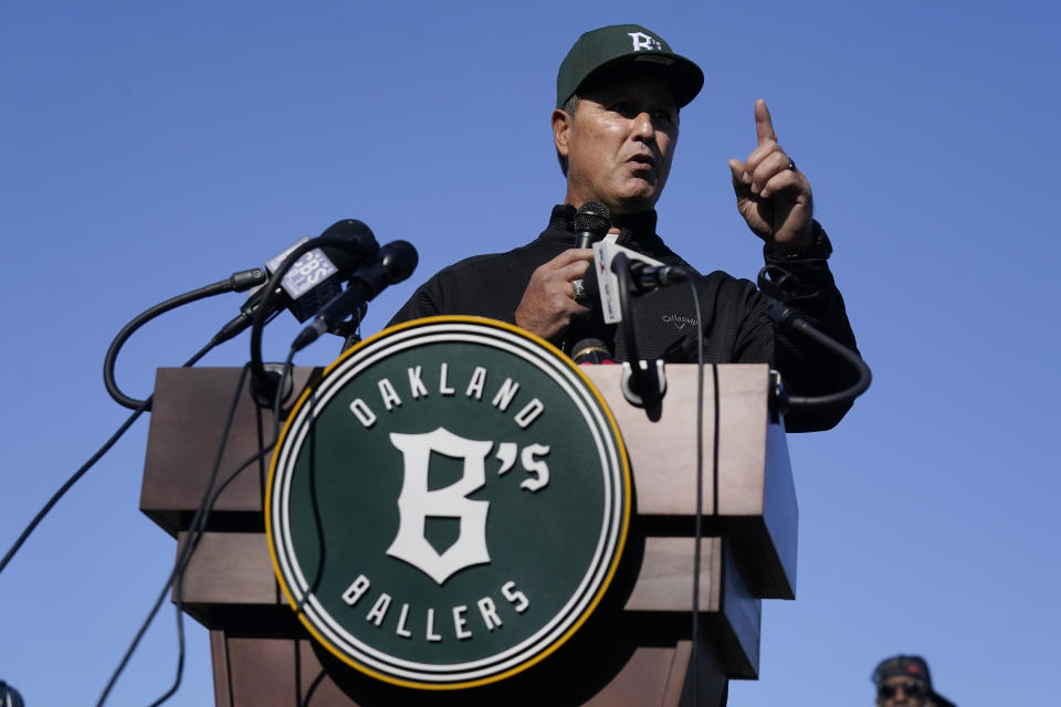 FILE- Oakland Ballers executive vice president of baseball operations Don Wakamatsu speaks during a news conference at Laney College in Oakland, Calif., Tuesday, Nov. 28, 2023. (AP Photo/Jeff Chiu, File)