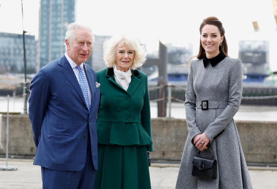  Prince Charles, Camilla, Duchess of Cornwall, and Catherine, Duchess of Cambridge, arrive at Trinity Buoy Wharf, The Prince’s Foundation training site for arts and culture. (REUTERS)