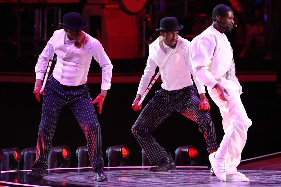 LAS VEGAS, NEVADA – FEBRUARY 11: Usher performs onstage during the Apple Music Super Bowl LVIII Halftime Show at Allegiant Stadium on February 11, 2024 in Las Vegas, Nevada. (Photo by Steph Chambers/Getty Images)