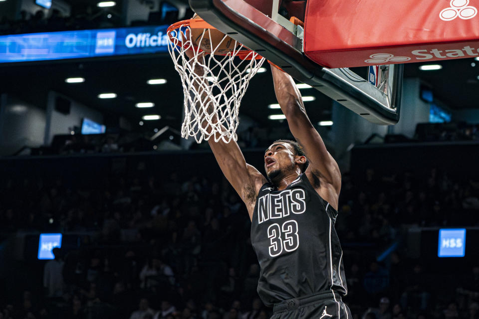 Brooklyn Nets center Nic Claxton dunks against the Oklahoma City Thunder during the second half of an NBA basketball game in New York, Friday, Jan. 5, 2024. (AP Photo/Peter K. Afriyie)