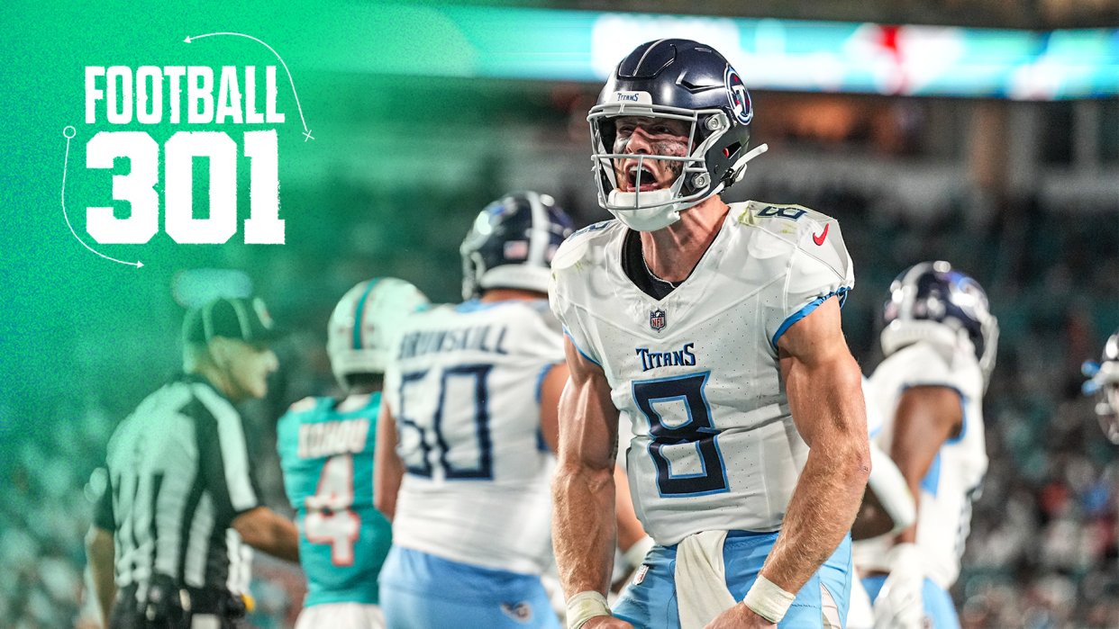 MIAMI GARDENS, FL - DECEMBER 11: Tennessee Titans quarterback Will Levis (8) celebrates after a go-ahead touchdown during the game between the Tennessee Titans and Miami Dolphins on Monday, Dec. 11, 2023 at Hard Rock Stadium, Miami Gardens, Fla. (Photo by Peter Joneleit/Icon Sportswire via Getty Images)