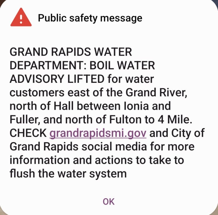 A notification sent out March 20, 2024, alerts people that the boil water advisory in Grand Rapids and Grand Rapids Township has been lifted.