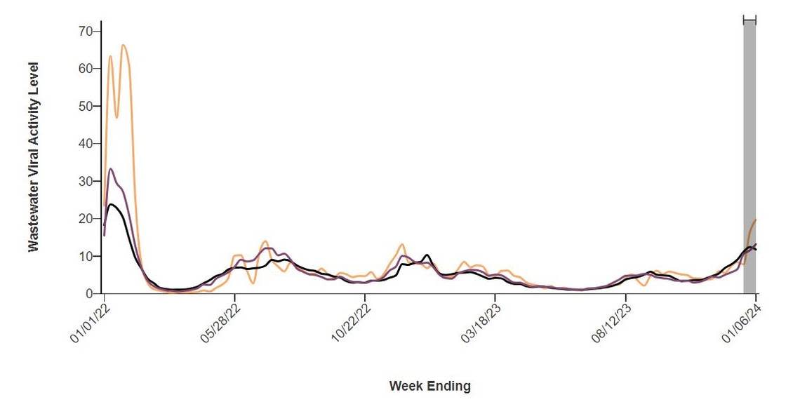 In this Centers for Disease Control and Prevention graph on wastewater levels, the orange line represents Idaho, the purple line represents over a dozen states in the West, and the black line represents the entire U.S.