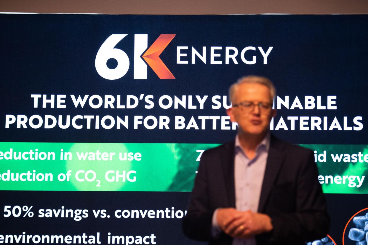 6K Energy Chief Operating Officer Rob Davies speaks during the battery manufacturing plant announcement inside TheCo on Tuesday, Apr. 18, 2023. 