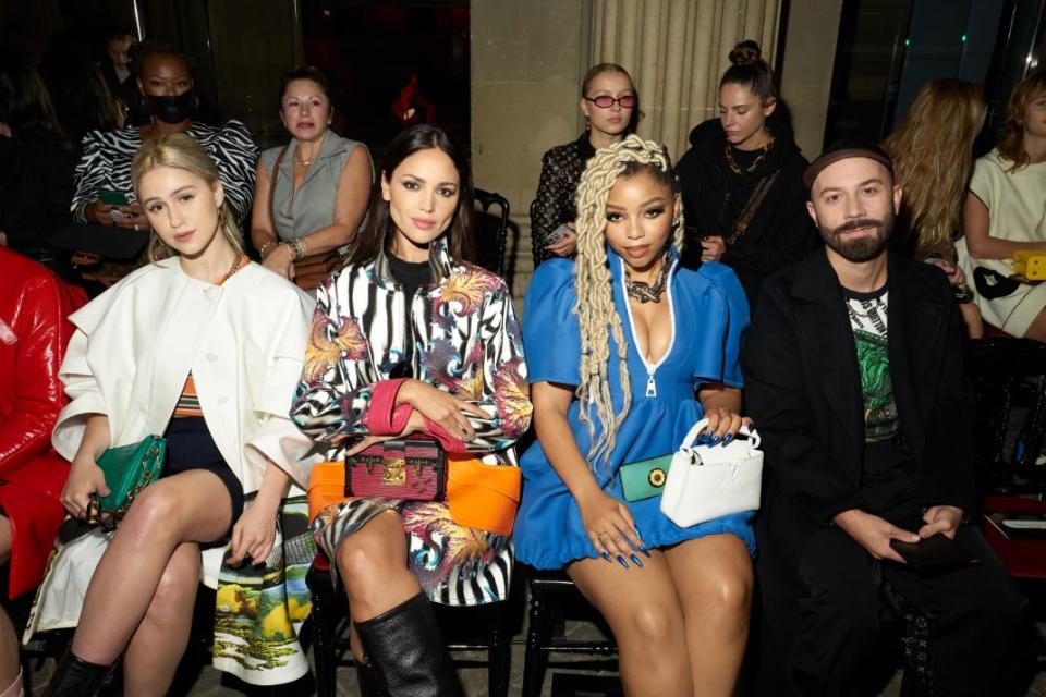 (L-R) Maria Bakalova, Eiza Gonzalez, Chloe Bailey and Yoann Lemoine sit front row at the Louis Vuitton spring ’22 show during Paris Fashion Week, Oct. 5. - Credit: Courtesy of Louis Vuitton