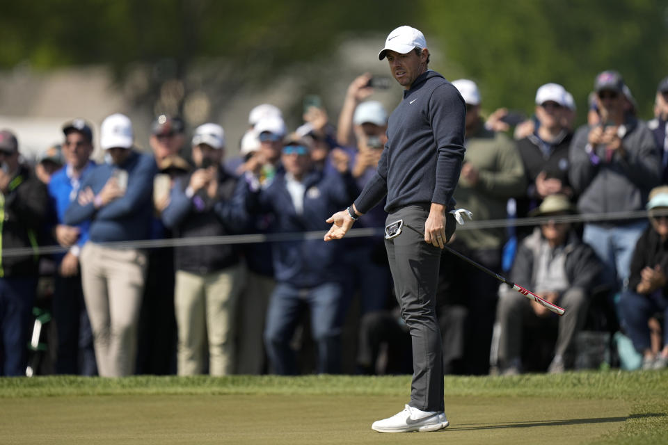 Rory McIlroy, of Northern Ireland, reacts after missing a putt on the 11th hole during the first round of the PGA Championship golf tournament at Oak Hill Country Club on Thursday, May 18, 2023, in Pittsford, N.Y. (AP Photo/Eric Gay)