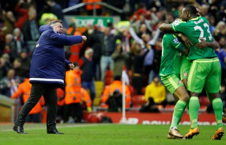 Football Soccer - Liverpool v Sunderland - Barclays Premier League - Anfield - 6/2/16 Manager Sam Allardyce celebrates after Jermain Defoe (not pictured) scores the second goal for Sunderland Reuters / Phil Noble Livepic