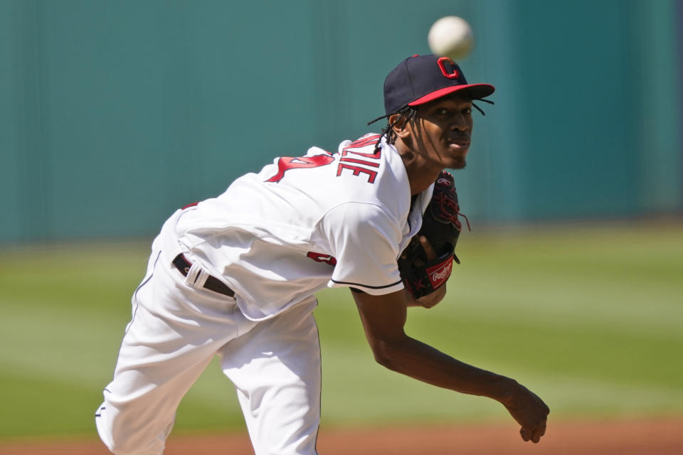 Cleveland Indians starting pitcher Triston McKenzie delivers in the first inning of a baseball game against the Seattle Mariners, Saturday, June 12, 2021, in Cleveland. (AP Photo/Tony Dejak)