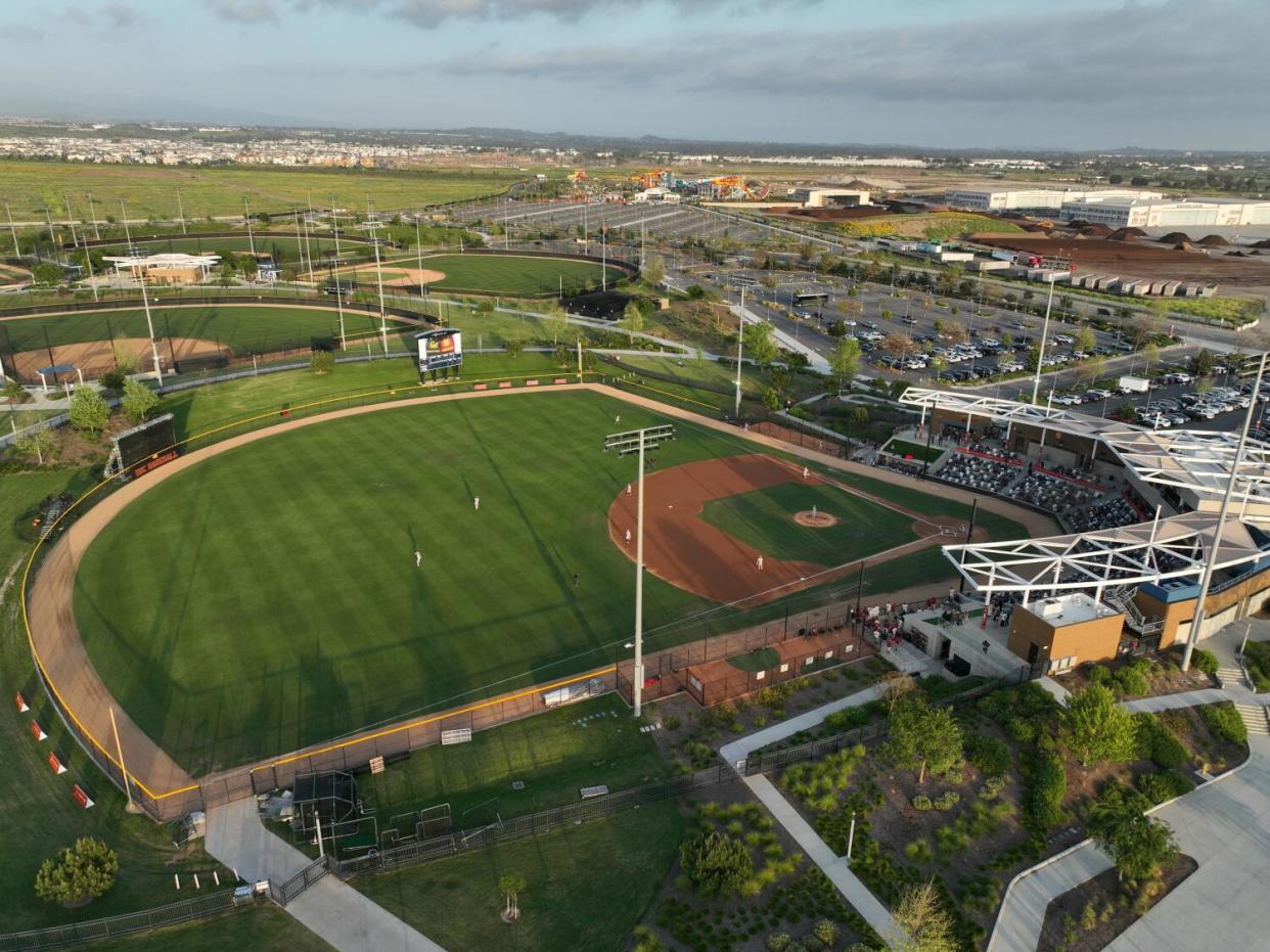 Aerial view of the USC vs. Cal baseball game at the Great Park in Irvine on May 3.