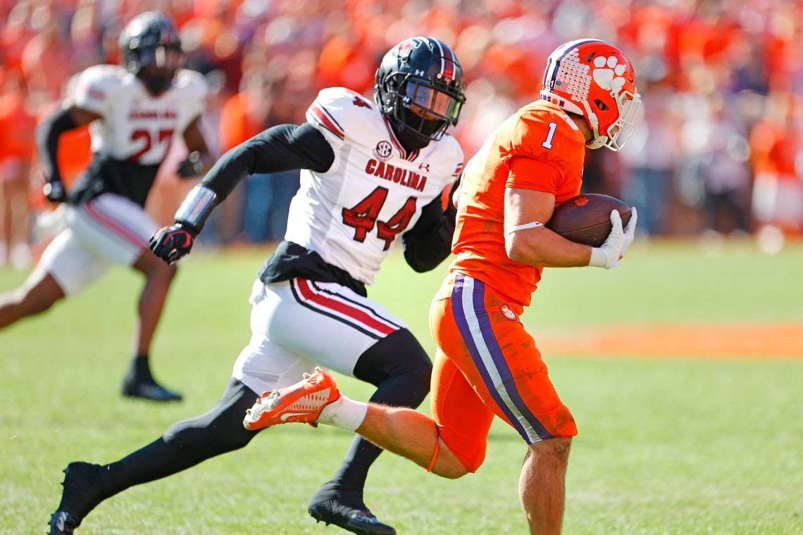 South Carolina Gamecocks linebacker Sherrod Greene (44) chases Clemson Tigers running back Will Shipley (1) on Saturday, November 26, 2022.