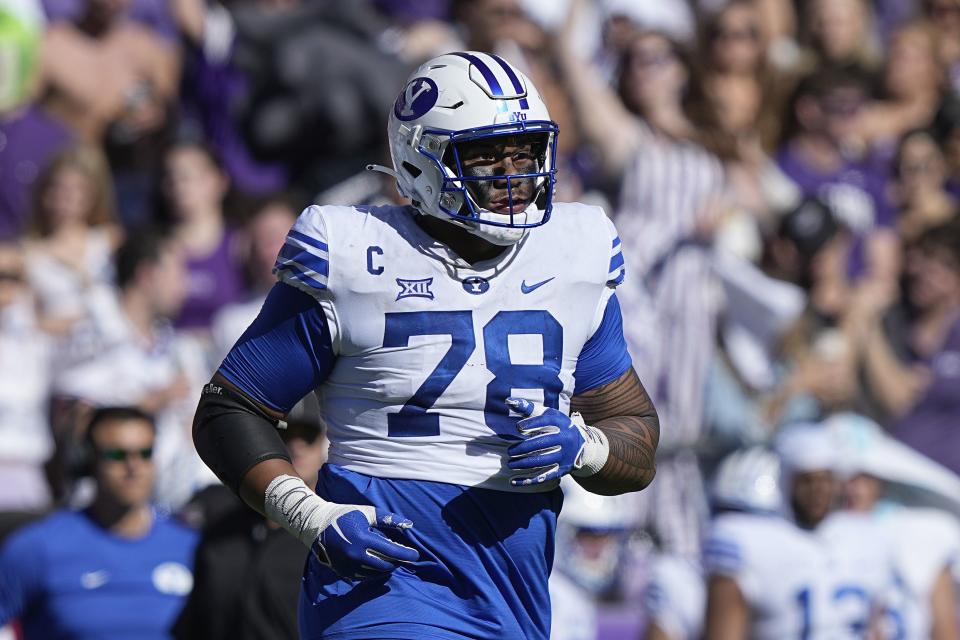 BYU offensive lineman Kingsley Suamataia (78) takes the field during the first half of an NCAA college football game against TCU Saturday, Oct. 14, 2023, in Fort Worth, Texas. | LM Otero, Associated Press
