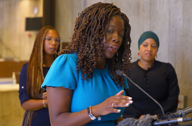 At a press conference outside the Christopher A. Iannella Chamber, Boston City Councilor Ruthzee Louijeune urges the Council to pass the resolution that the City apologize for Boston's role in the trans-Atlantic slave trade in Boston City Hall on June 15. (Photo: Pat Greenhouse/The Boston Globe via Getty Images)