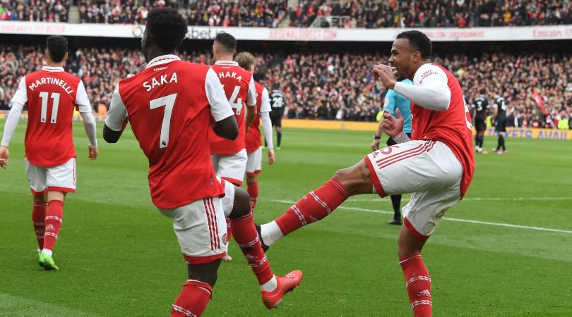  Bukayo Saka celebrares after scoring for Arsenal 