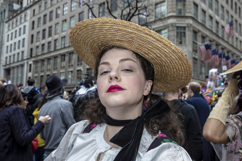 A costumed participant marches during the Easter Parade and Bonnet Festival, Sunday, April 21, 2019, in New York. (Photo: Gordon Donovan/Yahoo News) 