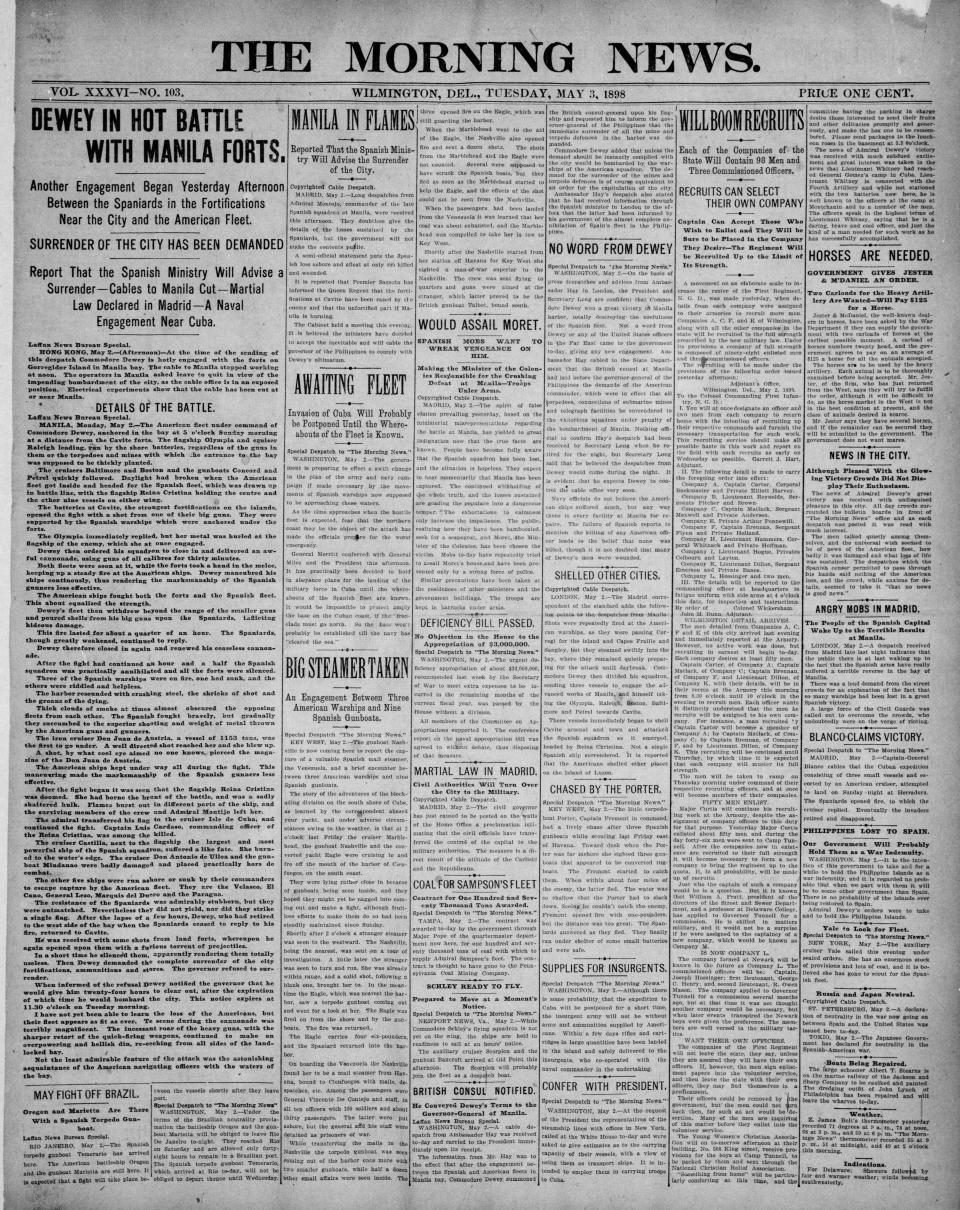 Front page of The Morning News from May 3, 1898.