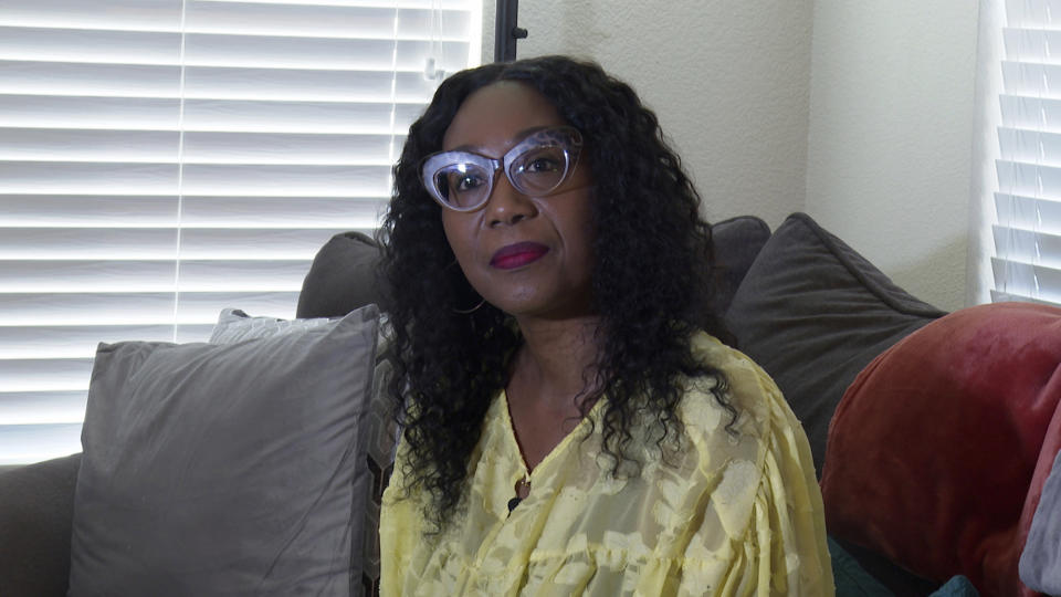 In this screen grab from video, Carla Gates is seen during an interview in Dallas, Tuesday, Aug. 8, 2023. Gates' husband, a postal carrier, was delivering mail in the suffocating Dallas heat this summer when he collapsed in a homeowner's yard and was taken to a hospital, where he died. (AP Photo/Kendria LaFleur)