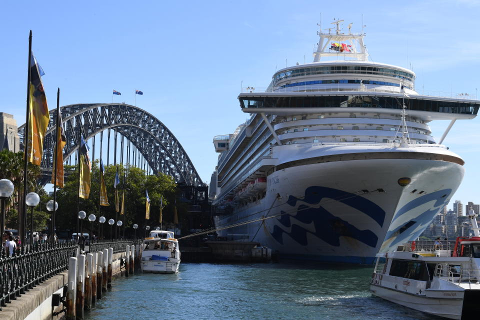 Cruise ship passengers disembark from the Princess Cruises owned Ruby Princess at Circular Quay in Sydney on March 19. Source: AAP