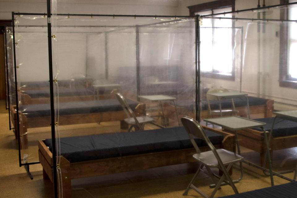 A room at the Code Blue Shelter located in Quakertown Masonic Lodge in Quakertown as seen on Monday, Nov. 22. Guests at the shelter have their own space separated due to the pandemic precautions.