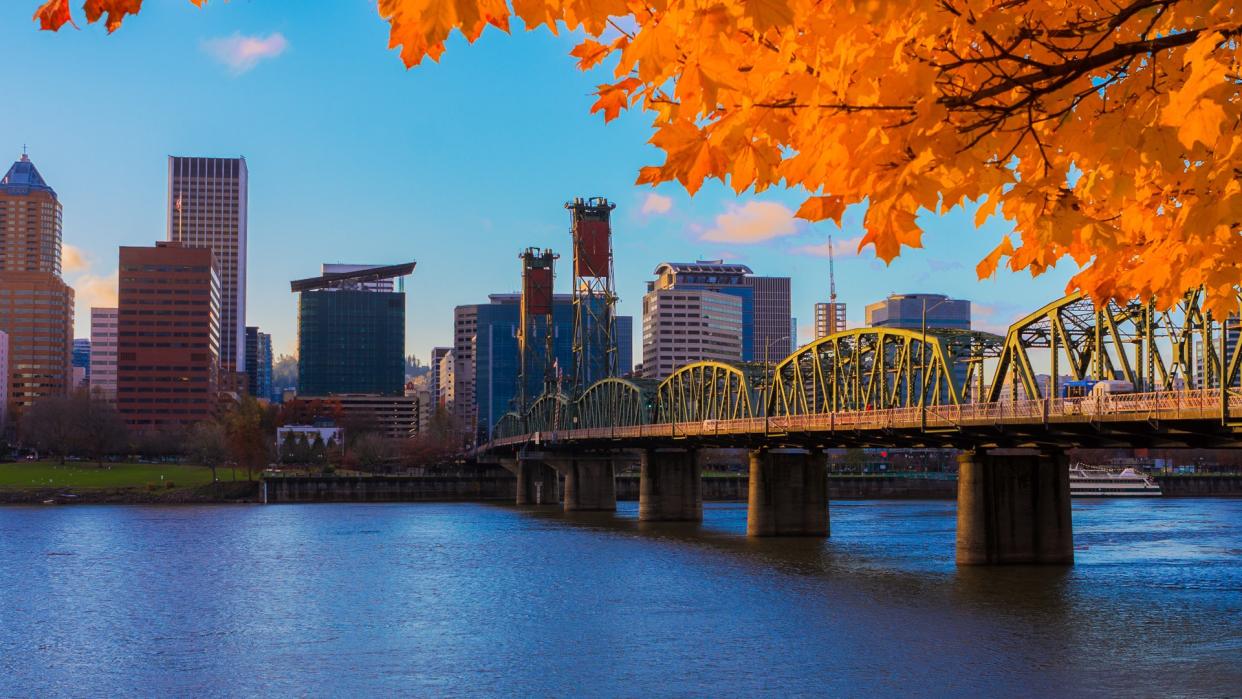 View of Portland, Oregon overlooking the willamette river on a Fall Afternoon.